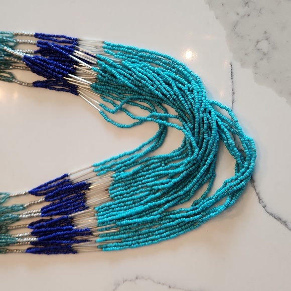 Ann Taylor Loft Glass Seed Beaded Long Necklace Blue Turquoise - Picture 3 of 5